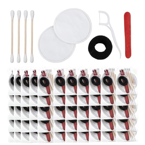 GOEDCH Juego de 100 cepillos interdentales con almohadillas de algodón cosméticas, hisopos de algodón, lima de uñas, amenidades empaquetadas individualmente, productos de higiene para suministros de