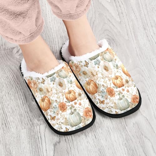 Retro Pink Flowered Pumpkin Slippers For Women Men Soft Memory Foam Non-Slip Hallowmas Winter Indoor House Shoes Travel Slipper4