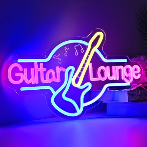 Image of Britrio Guitar Neon Sign Wall Art Decor Lounge Live Music Studio Band Room Home Office Bedroom Man Cave Bar Club Light Up Rock Roll Sign Wedding Birthday Party Gift 16.5 IN