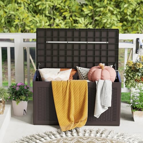 COSTWAY Baul Almacenaje Exterior 380L, Arcon Jardin Exterior de Resina, Impermeable con Tapa Bloqueable, Armario Resina con 2 Ruedas, Terraza, 111 x 56 x 61 cm (marrón) - imagen 8