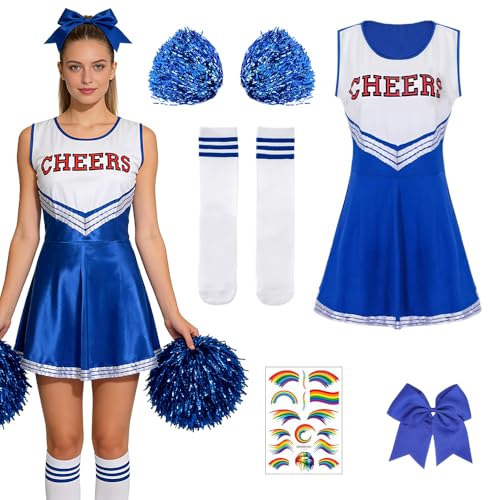 LYPPUL Deguisement Pompom Girl, Uniforme de Pompom Girl pour Adulte, Uniforme de Pom-Pom girl avec Chaussettes, Élastique à Cheveux, Autocollant Costume Cheerleader pour Halloween, Cosplay, Carnaval