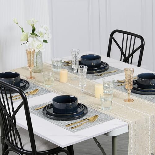 Image of E-far Stoneware Dinnerware Sets for 2, 6-Piece Plates and Bowls Sets, Chip & Scratch Resistant Ribbed Dish Set for Home Restaurant, Microwave & Dishwasher Safe, Midnight Blue