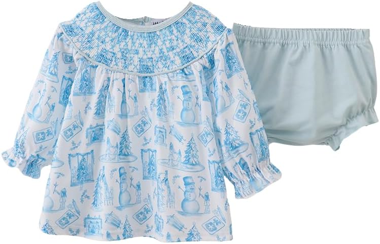 abby&evie Blue snowman christmas tree smocked bloomer set