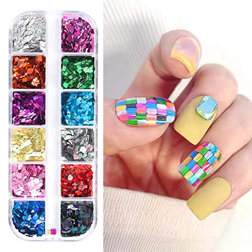 Laser Square Glitter Nail Art Sequins, Holographic 3D 12 Colors Glitter Flakes Design, Rectangle Shape Nail Shiny Supplies for Women Girls Manicure Powder Charms Decorations, DIY Resin Nail Art Tips