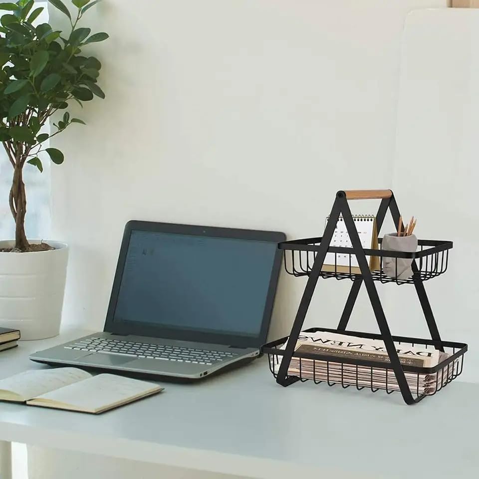 Image of Nieifi KIMEE 2 Tier Multi Purpose Storage Basket for Kitchen Counter and Cabinet Organizer Rack Durable Metal Wire Stand for Fruits Vegetables Snacks Bottles Bathroom and Home Storage Use