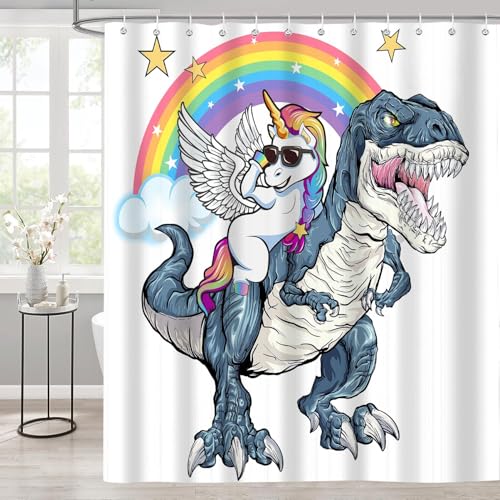 Image of Funny Unicorn Riding Dinosaur Shower Curtain, Cool Cute Cartoon Space Colorful Rainbow Fantasy Galaxy Shower Curtains for Kids Boys Girls Bathroom Set Decor, Waterproof Durable with 12 Hooks, 72x78