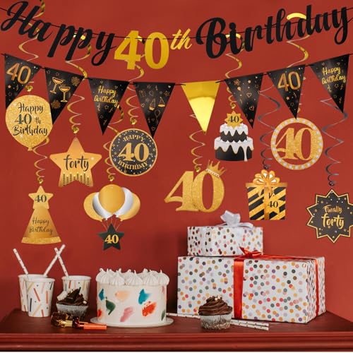 Image of Black & Gold 40th Birthday Decorations for Women and Men - Pre-Strung Happy Birthday Banner With 10PCS Hanging Swirls