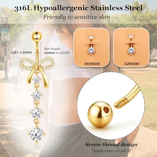 YADOCA 316L Surgical Steel Gold Dangle Belly Button Ring for Women Silver Dangly Belly Rings 14G Hypoallergenic Navel Belly Button Piercing Jewelry Bow Heart 10mm/12mm Barbell Length2