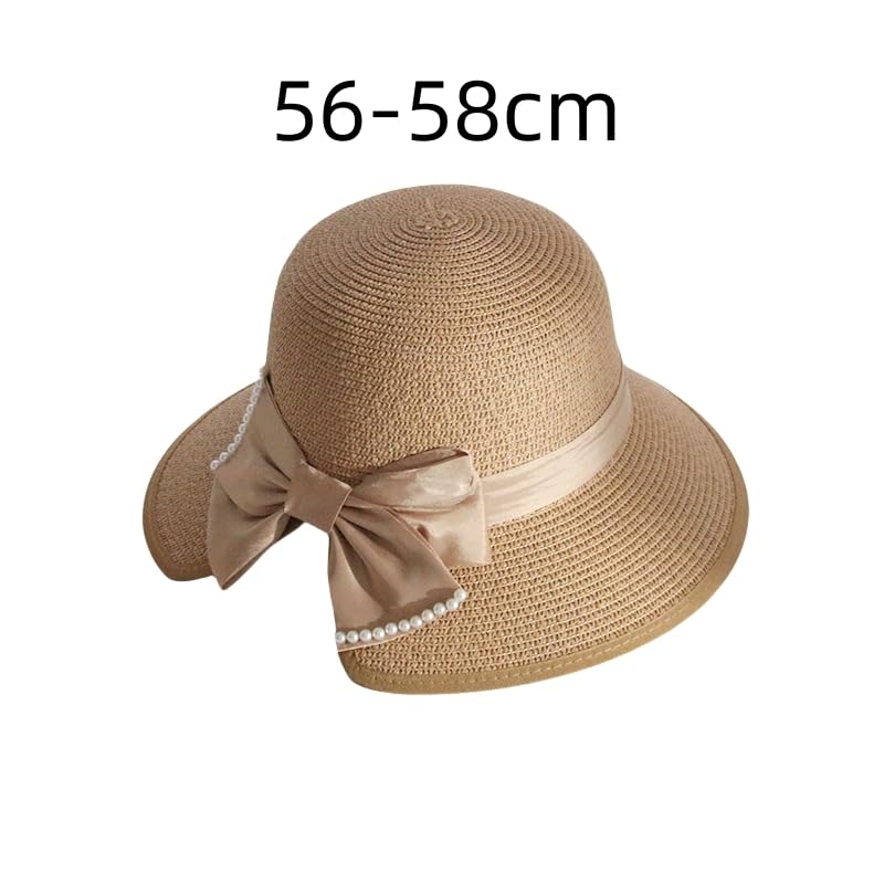 Sombrero de Paja Plegable de Verano,Gorra de Sol Tejido de Paja con Protección UV para Mujer con Decoración de Perla y Lazo de Satén,Sombrero de Playa Tejida Transpirable para Exteriores