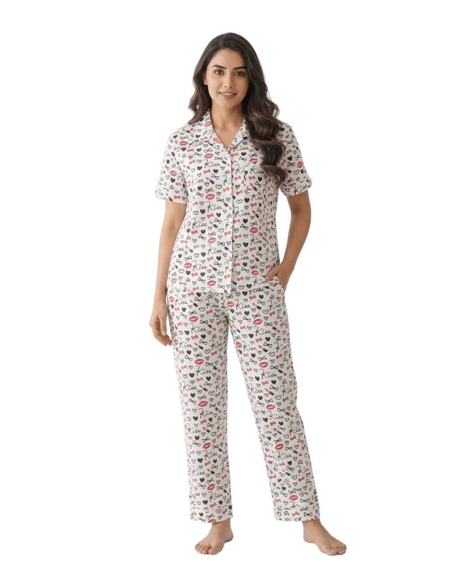 shaperx Women’s Beach Style Night Suit Set | Cotton Half Sleeve Top & Pyjama Set | Coller Neck Printed Nightsuit | Comfortable Nightwear & Loungewear for Women-picture-22