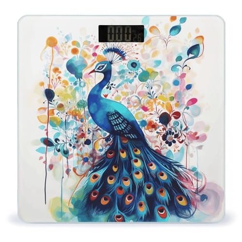 Báscula de baño de pavo real de color para el cuerpo, báscula de diseño de impresión UV, báscula de baño de alta precisión, números transparentes grandes y delgados, mejorada y elegante para el hogar