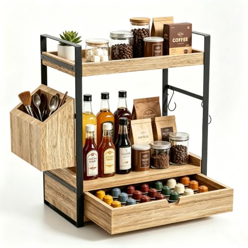2-Tier Coffee Station Organizer with Slide Out Drawer and Basket Wooden Kitchen Counter Storage Tea and Coffee Station Kitchen Countertop Organizer for Coffee Bar Bathroom Office Space-Saving