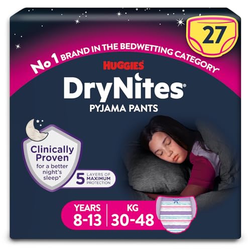 HUGGIES DryNites, Pyjama Pants, Girls 8-13 Years (30-48KG), 27x Bedwetting Pants, Up to 100% Leak Free Nights
