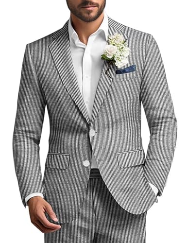 Mens Seersucker Suit 2 Piece Striped Lightweight Blazer Jacket and Pants Beach Wedding Prom Suits Summer Wear