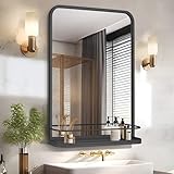 HMANGE Bathroom Mirror with Shelf for Shaving, 15.7x23.6 Inch Wall-Mounted Rectangle Metal Mirror with Storage, Matte Black Vanity Mirror with Rounded Corners for Over Sink, Decor(Black/15.7x23.6 in)