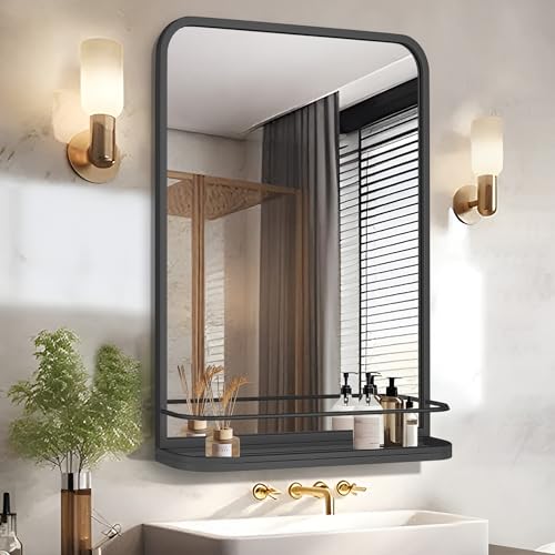 HMANGE Bathroom Mirror with Shelf for Shaving, 15.7x23.6 Inch Wall-Mounted Rectangle Metal Mirror with Storage, Matte Black Vanity Mirror with Rounded Corners for Over Sink, Decor(Black/15.7x23.6 in)