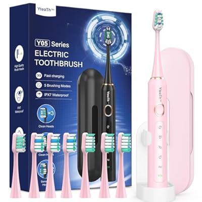 YTEATH PRO - Cepillo de Dientes Eléctrico Sónico para Dientes Sensibles - Cepillo Dientes Adultos Sónico con 8 Cabezales y Estuche de Viaje 5 Modos IPX7 Impermeable Cepillo Electrico Infantil Rosa Cereza