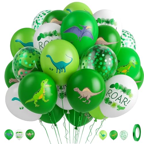 Globos de dinosaurio, decoraciones de cumpleaños de dinosaurio, 12 pulgadas, 60 globos de fiesta verde y blanco con cinta, globo de dinosaurio para fiesta de cumpleaños temática de dinosaurios y