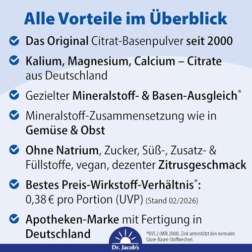 Dr. Jacob's Basenpulver I viel Kalium, Magnesium und Calcium I das Original Citrat-Basen-Pulver in Premium Qualität seit 25 Jahren I gezielter Mineralstoff- und Basen-Ausgleich* I 300 g Dose, vegan