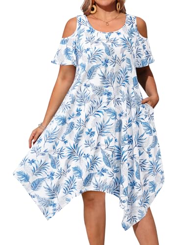 Image of Pinup Fashion Plus Size Summer Sundress Casual Flowy Cold Shoulder Dress