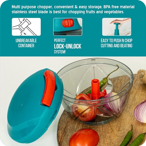 Image of TEKCOOL Multipurpose Plastic Vegetable Chopper Cutter 3 Blades for Effortlessly Chopping Vegetables and Fruits for Your Kitchen, Pool Green (470 ML);