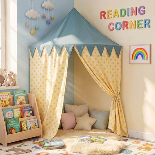 Tigeen Reading Corner Decoration Include Reading Nook Tent with 3 Adhesive Hooks Corner Play Tent Hanging Wall Mounted Canopy with Polka Dot Curtains for Bedroom Nursery Playroom Decoration