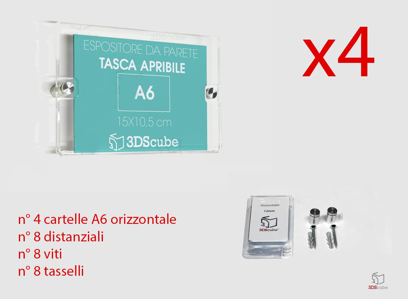 n.4 Espositore in plexiglass da parete a tasca apribile, porta avvisi e depliant formato A6 orizzontale 15x10,5 cm, con di distanziali in alluminio spazzolato, per annunci, locandine, orari negozi