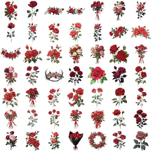 Image of Transparent Flora Scrapbook Stickers Aesthetic Flowers Stickers(Red) | Transparent & Waterproof Sticker for Scrapbook Journal Water Bottle Kindle, DIY Crafts, Party Supplies