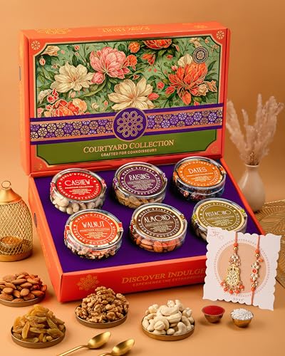 Image of Hyperfoods Bhai Bhabhi Rakhi Set Dry Fruits Gift Box (Dry Fruit Weight 745Gms Box Gross Weight 960Gms) RawFruit Courtyard Collection Pack of 6 Rakhi For Brother And Bhabhi DryFruits Gift Pack