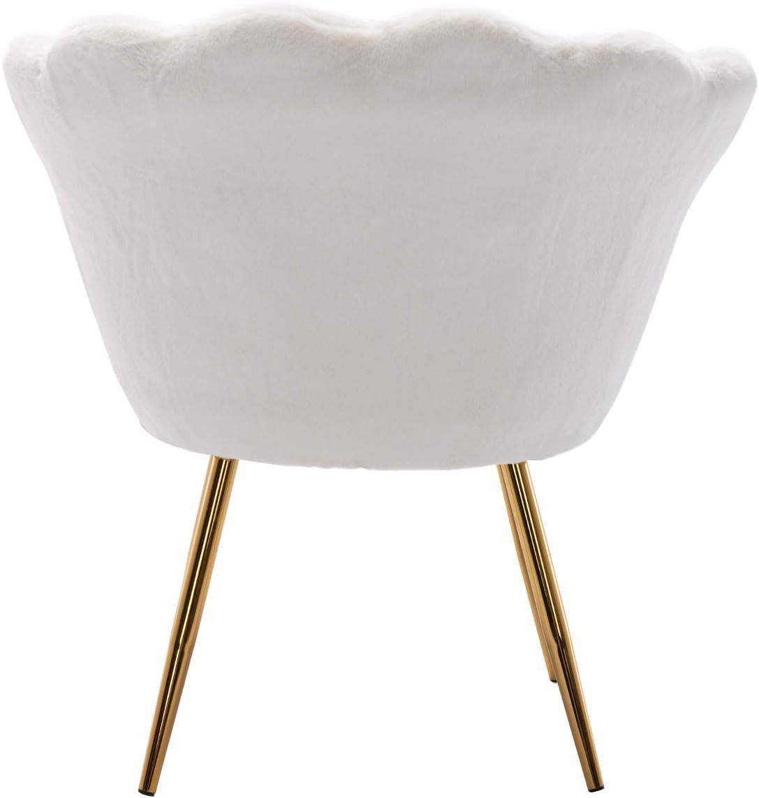 Kmax Fur Accent Chair for Living Room/Bed Room, Upholstered Mid Century Modern Cute Vanity Chair with Gold Metal Legs, Guest Chair, Leisure Arm Chair - White
