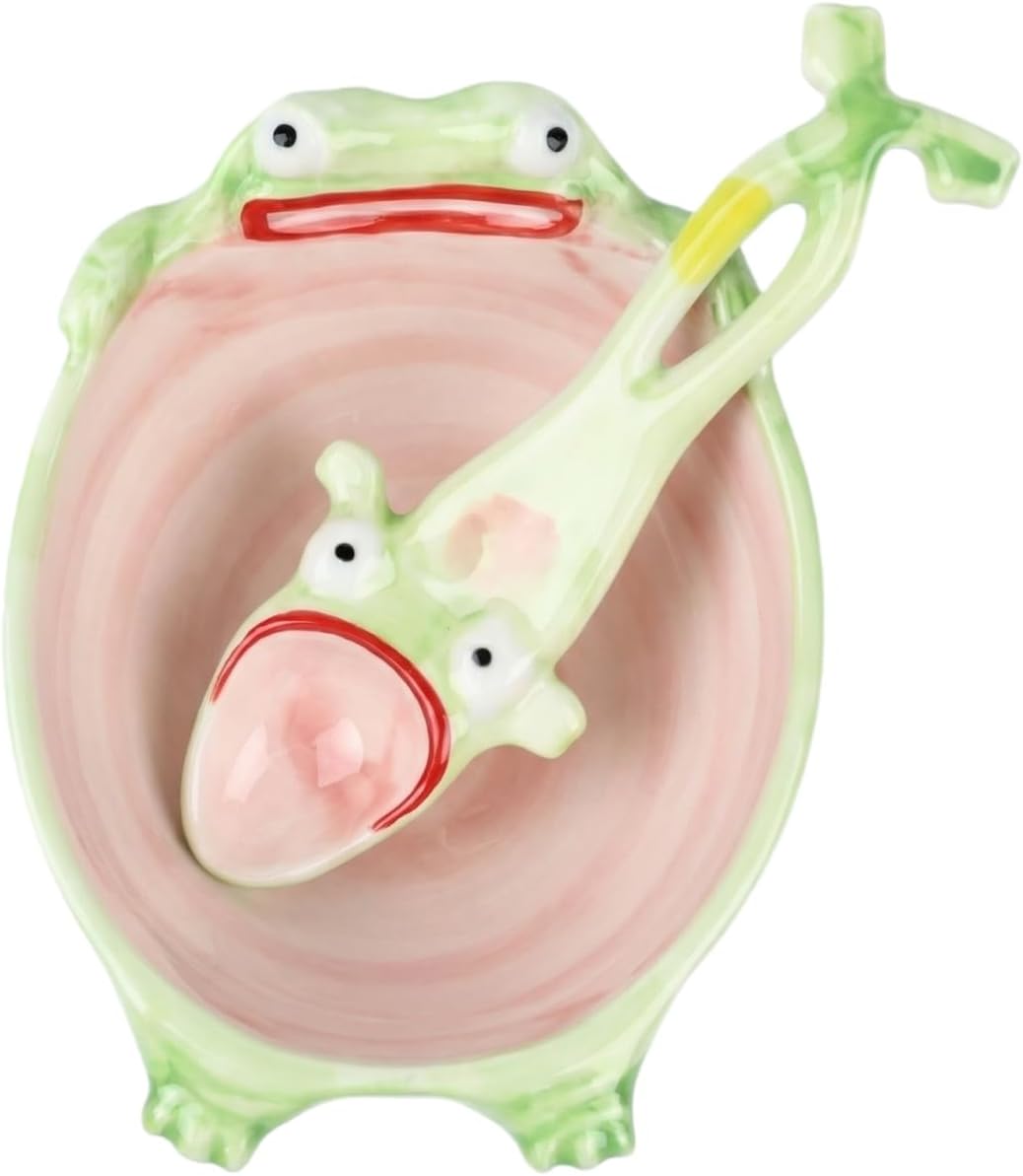 Creative Frog Bowl Set - Hand-Painted Ceramic Funny Soup Bowl with Leaping Frog Spoon, Cute Candy Jar & Kitchen Decor Gift (GRN)