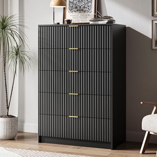 Image of MAISONARIA 5 Drawer Dresser for Bedroom, Tall Dresser Chest of Drawers with Gold Handles, 32 Inch Wide Nightstand with for Bedroom, Living Rooms, Offices, and Entryways, Black