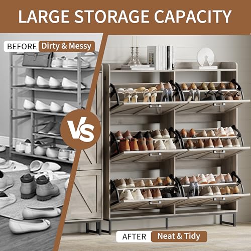 Image of Shoe Cabinet with 6 Flip Drawers, Freestanding Hidden Shoe Storage Organizer for Entryway, Narrow Slim Shoe Rack Cabinet with Open Storage & Hooks for Front Door Entrance, Living Room, Hallway, Grey