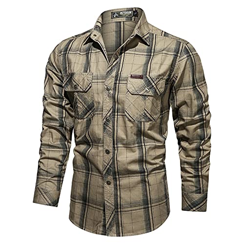 Camicie da uomo safari in 100% morbido cotone biologico, camicia da lavoro a maniche lunghe, con bottoni, comoda, traspirante, traspirante, per escursioni all'aperto, per caccia, pesca, campeggio