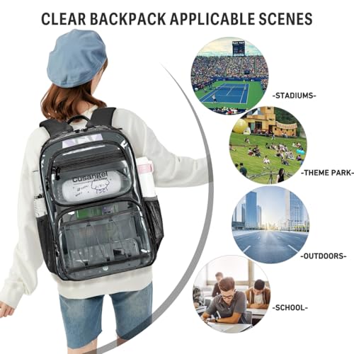 Image of Cusangel Large Clear backpack for girls,16in TPU Plastic Bookbag,Stadium,school, and other security check locations (Black)