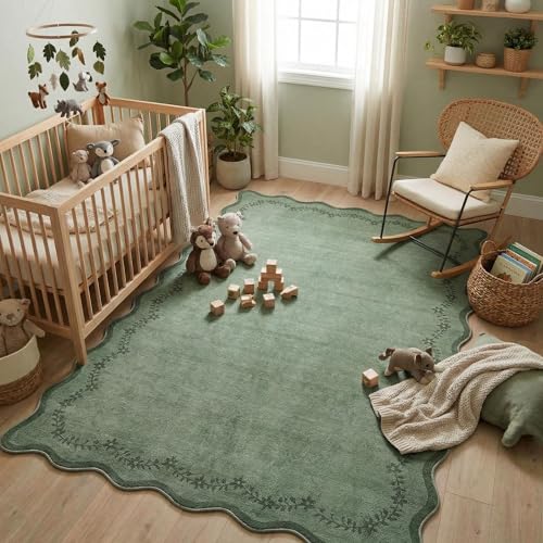 GarveeHome 4x6 Green Scalloped Washable Area Rug for Nursery Room, Solid Floral Soft...