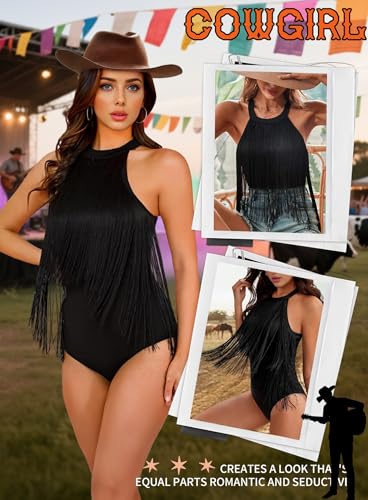 Ella Lust Women Western Fringe Bodysuit - Cowgirl Country Concert Outfit Boho Tassel Hem High Cut Skinny Festival Tank Top3