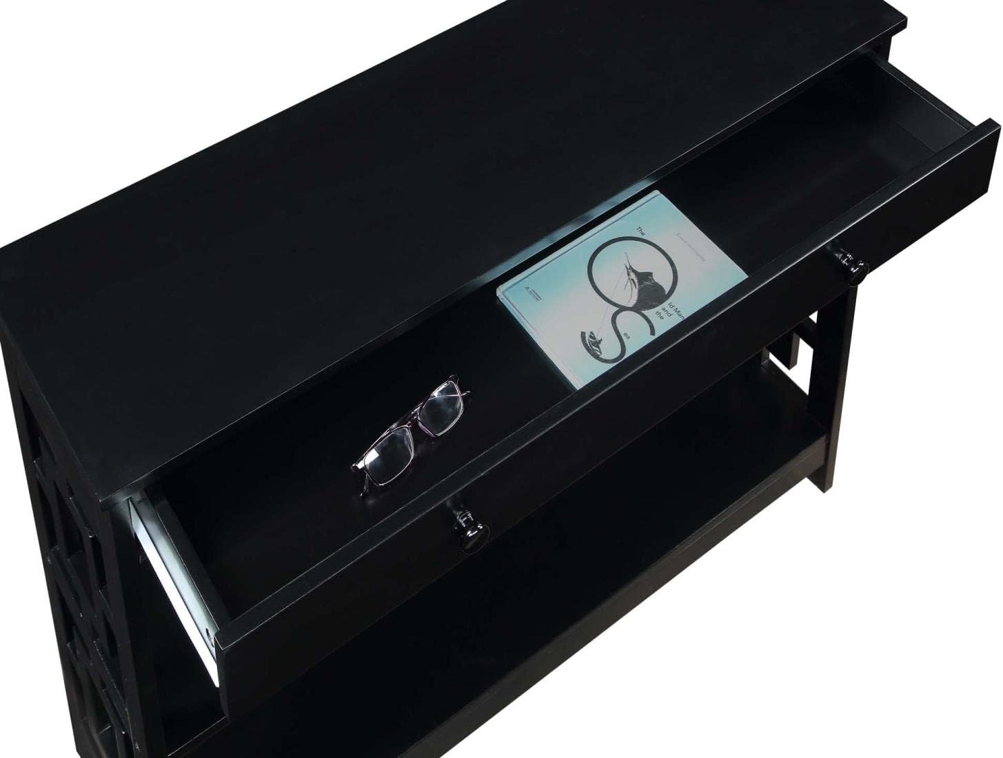 Modern Black Wood Console Table with Storage and Shelves