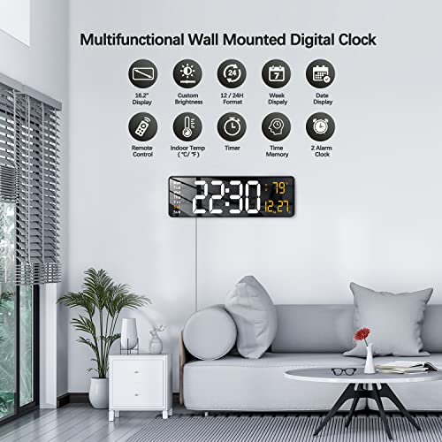 Image of JoFomp ABS Modern 16 inch Large Digital Wall Clock with Remote Control,LED Display,Auto-Dimming,Countdown,Temperature,Calendar - 12 /24Hr Format - Silent Wall Clock for Home,Office,or Gym Use (Orange)
