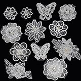 Antrader White Lace Flowers Applique,12Pcs Flower Lace Embroidered Applique 3D Flower Lace Embroidery Appliques Butterfly Lace Embroidered Appliques Sew on Patches for Wedding Bridal Dress Clothes