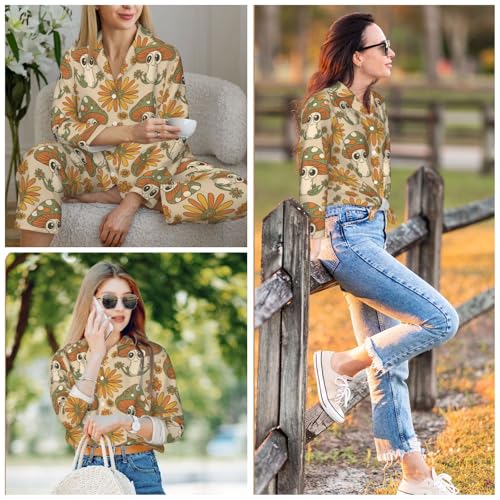 Image of Women'S Long Sleeve Pajama Set Soft Loungewear Button-Down Top & Elastic Waist Pants S- 2XL