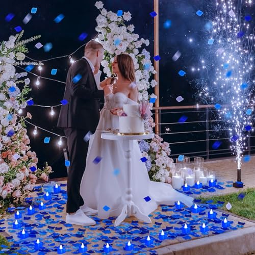 Image of Coume 6000 Pieces Artificial Rose Petal 72 Pieces LED Tealights Candle, Romantic Decorations Special Night Rose Petal Heart Candle for Valentines Wedding Anniversary Proposal Decor(Cute Blue Light)