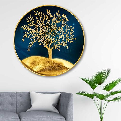 Image of SAF Golden Tree Round Wall Painting with Frame | Luxury Nature Wall Art for Living Room Bedroom Office | Elegant Tree of Life Decorative Wall Hanging | Modern Home Decor (20 X 20 Inch) GRL-251