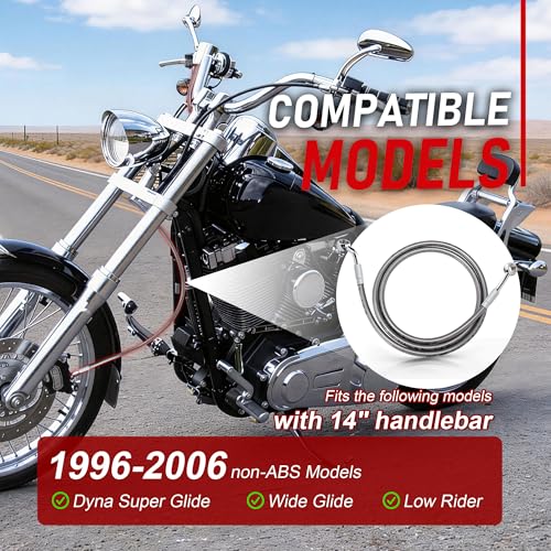 Image of 46.9 inch Total Length Dyna Front Brake Line Extended Hydraulic Hose Steel Braided for 1996-2006 Dyna Super Glide /Wide Glide /Low Rider non-ABS Models 14 inch Ape Hangers