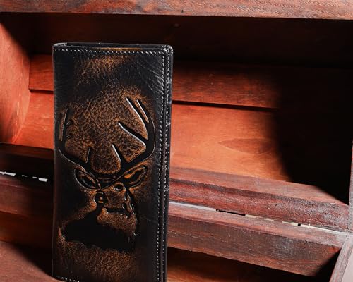 DK86 Deer Long Wallet For Men Full Grain Leather with Hand Burnished Rfid Blocking Rodeo Wallet Bifold Wallet Deer Wallet, Black and Orange2