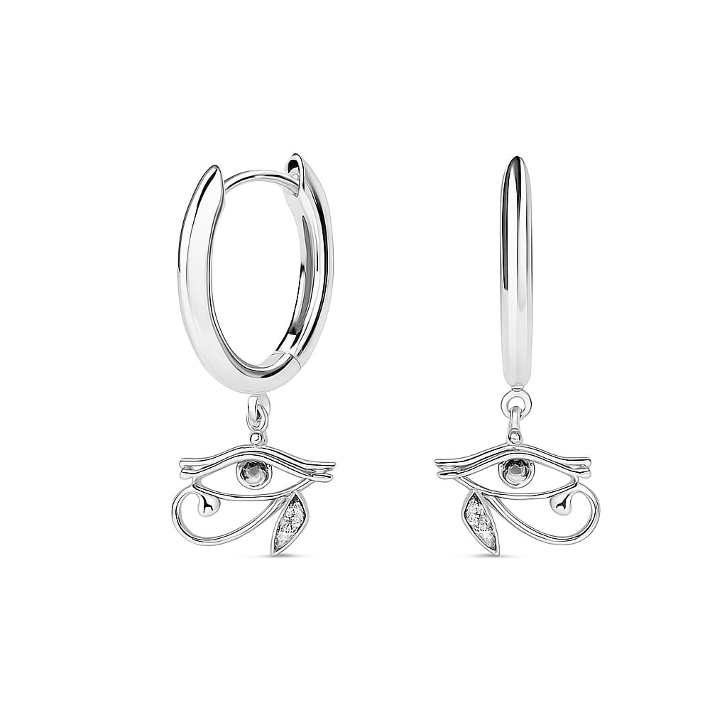 Pendientes de Plata de Ley 925 con cierre de Aro - Ojo de Horus del Antiguo Egipto (12 mm x 9 mm de pieza + 13 mm de cierre)