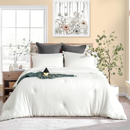 KASENTEX Super-Duper Ultra Soft Jersey Knit Twin Comforter Set - Buttery Smooth White Comforters – 2 Piece Solid Breathable Bedding - All Season Down Alternative with 1 Pillow Case Sham, 68x