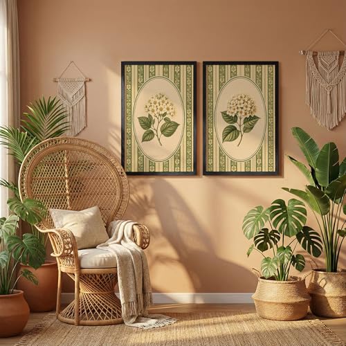 Image of NoWorries Vintage Botanical Wall Art Set of 2 Framed Floral Prints for Living Room Bedroom Office | Green Cottagecore Wall Decor with Wooden Frame (Art-6, 13x19inch)
