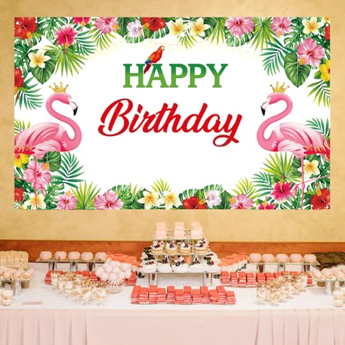 Flamingo Birthday Backdrop, Tropical Floral Flamingo Birthday Banner for Flamingo Party Decorations, Luau Bday Backdrop for Hawaiian Party Decorations, 71x43 inch (White) - image 4