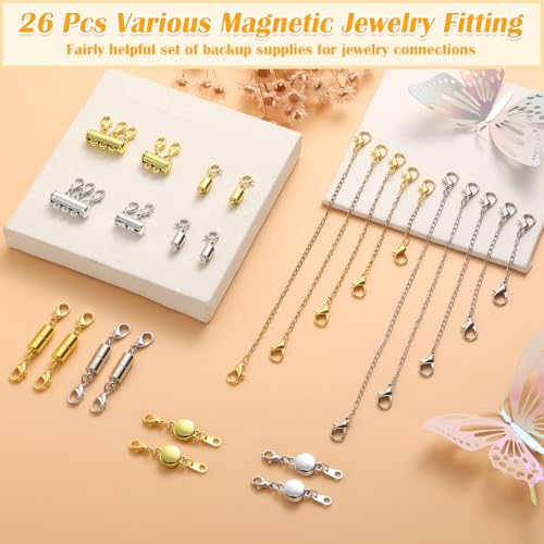 Image of ROADPLUM 26 Pcs Magnetic Necklace Extender, 5 Style Strong Magnetic Jewelry Clasps and Necklace Layering Clasps with Chain Extenders for Women Necklaces Bracelet, Gold and Silver